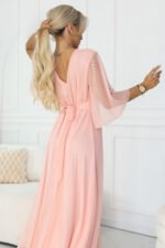 654-4 Long Shimmering Plus Size Dress with Neckline and Transparent Sleeve - Peach-5