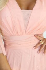 654-4 Long Shimmering Plus Size Dress with Neckline and Transparent Sleeve - Peach-8