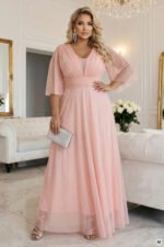 654-4 Long Shimmering Plus Size Dress with Neckline and Transparent Sleeve - Peach-6