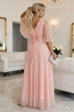 654-4 Long Shimmering Plus Size Dress with Neckline and Transparent Sleeve - Peach-7