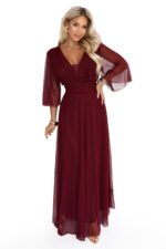 654-6 Long shimmering plus size dress with neckline and sheer sleeve - burgundy-10