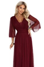 654-6 Long shimmering plus size dress with neckline and sheer sleeve - burgundy-11