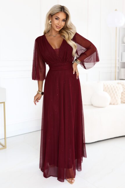 654-6 Long shimmering plus size dress with neckline and sheer sleeve - burgundy-1