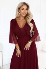 654-6 Long shimmering plus size dress with neckline and sheer sleeve - burgundy-2