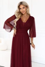 654-6 Long shimmering plus size dress with neckline and sheer sleeve - burgundy-5