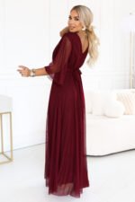 654-6 Long shimmering plus size dress with neckline and sheer sleeve - burgundy-3