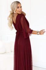 654-6 Long shimmering plus size dress with neckline and sheer sleeve - burgundy-4