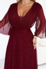 654-6 Long shimmering plus size dress with neckline and sheer sleeve - burgundy-7
