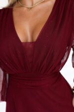 654-6 Long shimmering plus size dress with neckline and sheer sleeve - burgundy-9