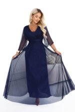 654-7 Long shimmering plus size dress with a neckline and sheer sleeve - navy blue-11