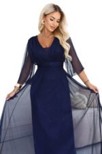 654-7 Long shimmering plus size dress with a neckline and sheer sleeve - navy blue-12