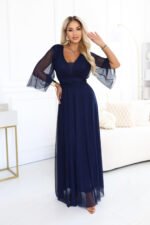 654-7 Long shimmering plus size dress with a neckline and sheer sleeve - navy blue-10