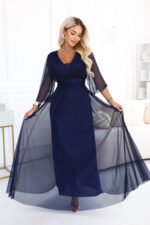 654-7 Long shimmering plus size dress with a neckline and sheer sleeve - navy blue-3