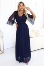 654-7 Long shimmering plus size dress with a neckline and sheer sleeve - navy blue-2
