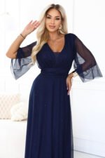 654-7 Long shimmering plus size dress with a neckline and sheer sleeve - navy blue-8