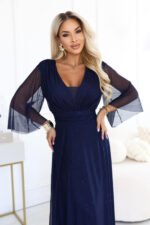 654-7 Long shimmering plus size dress with a neckline and sheer sleeve - navy blue-5