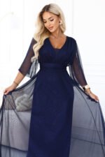 654-7 Long shimmering plus size dress with a neckline and sheer sleeve - navy blue-6