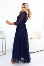 654-7 Long shimmering plus size dress with a neckline and sheer sleeve - navy blue-4