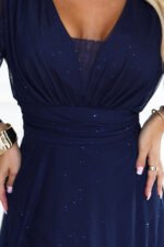 654-7 Long shimmering plus size dress with a neckline and sheer sleeve - navy blue-9