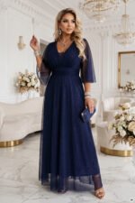 654-7 Long shimmering plus size dress with a neckline and sheer sleeve - navy blue-1