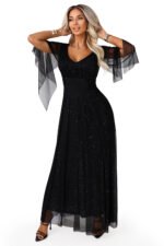 655-1 Long, shimmering dress with a neckline and transparent sleeves - black-13