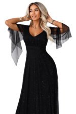 655-1 Long, shimmering dress with a neckline and transparent sleeves - black-12
