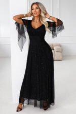 655-1 Long, shimmering dress with a neckline and transparent sleeves - black-3