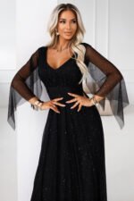 655-1 Long, shimmering dress with a neckline and transparent sleeves - black-2
