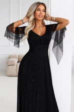655-1 Long, shimmering dress with a neckline and transparent sleeves - black-5