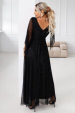 655-1 Long, shimmering dress with a neckline and transparent sleeves - black-4