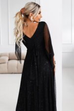 655-1 Long, shimmering dress with a neckline and transparent sleeves - black-6