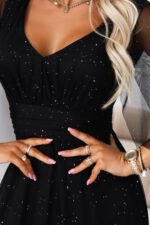 655-1 Long, shimmering dress with a neckline and transparent sleeves - black-7