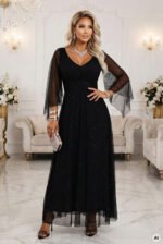 655-1 Long, shimmering dress with a neckline and transparent sleeves - black-8