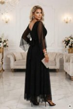 655-1 Long, shimmering dress with a neckline and transparent sleeves - black-10