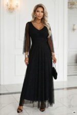 655-1 Long, shimmering dress with a neckline and transparent sleeves - black-11