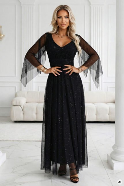655-1 Long, shimmering dress with a neckline and transparent sleeves - black-1