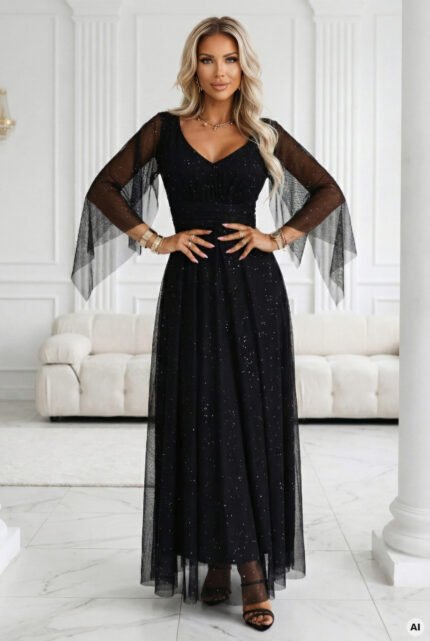 655-1 Long, shimmering dress with a neckline and transparent sleeves - black-1