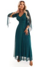 655-2 A long, shimmering dress with a plunging neckline and sheer sleeves - emerald green-11