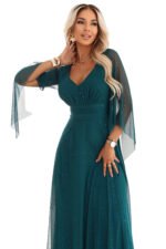 655-2 A long, shimmering dress with a plunging neckline and sheer sleeves - emerald green-12