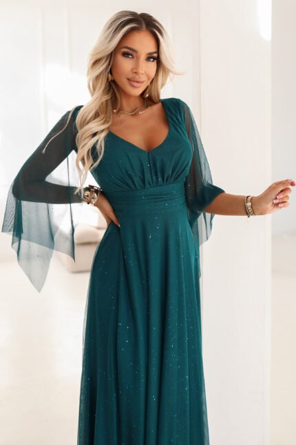 655-2 A long, shimmering dress with a plunging neckline and sheer sleeves - emerald green-1