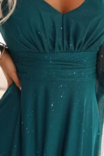655-2 A long, shimmering dress with a plunging neckline and sheer sleeves - emerald green-10