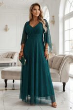 655-2 A long, shimmering dress with a plunging neckline and sheer sleeves - emerald green-4