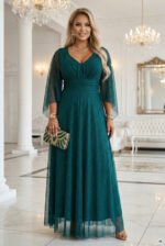 655-2 A long, shimmering dress with a plunging neckline and sheer sleeves - emerald green-7