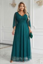655-2 A long, shimmering dress with a plunging neckline and sheer sleeves - emerald green-9