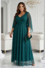655-2 A long, shimmering dress with a plunging neckline and sheer sleeves - emerald green-8