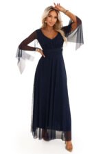 655-3 A long, shimmering dress with a neckline and transparent sleeves - navy blue-13