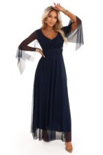 655-3 A long, shimmering dress with a neckline and transparent sleeves - navy blue-13