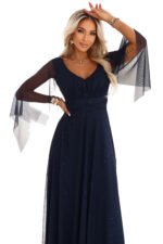 655-3 A long, shimmering dress with a neckline and transparent sleeves - navy blue-12