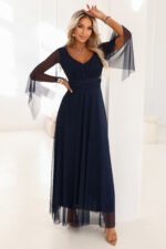 655-3 A long, shimmering dress with a neckline and transparent sleeves - navy blue-1