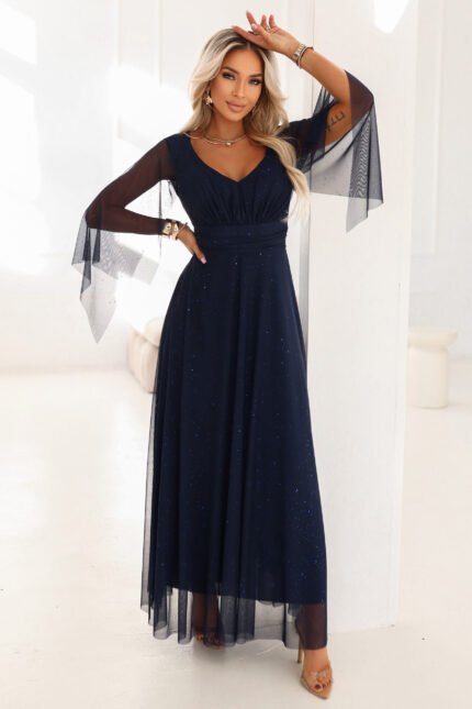 655-3 A long, shimmering dress with a neckline and transparent sleeves - navy blue-1